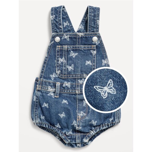 Old Navy Baby Girl Denim Overalls Butterfly Romper Bibs Size 6-12 Months NWT - Picture 1 of 2